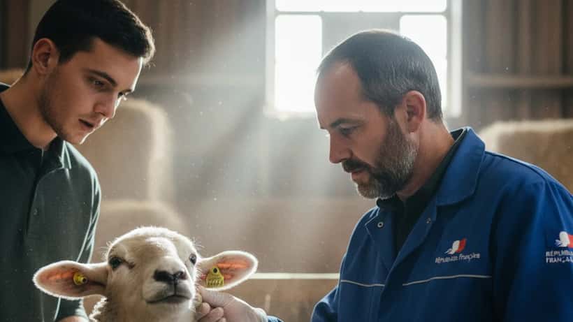 Vétérinaire inspectant un mouton dans un abattoir agréé pour l'Aïd el-Kébir 2026 en France