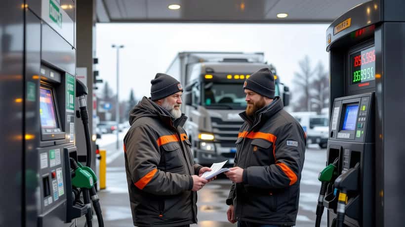 Kuorma-auton kuljettaja tankkaa dieseliä huoltoasemalla Suomessa, pumpun näyttö osoittaa korkeaa litrahintaa.