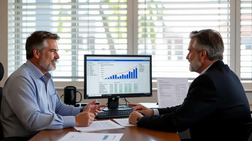 Australian man reviewing superannuation statements with wealth adviser in suburban Sydney financial planning office