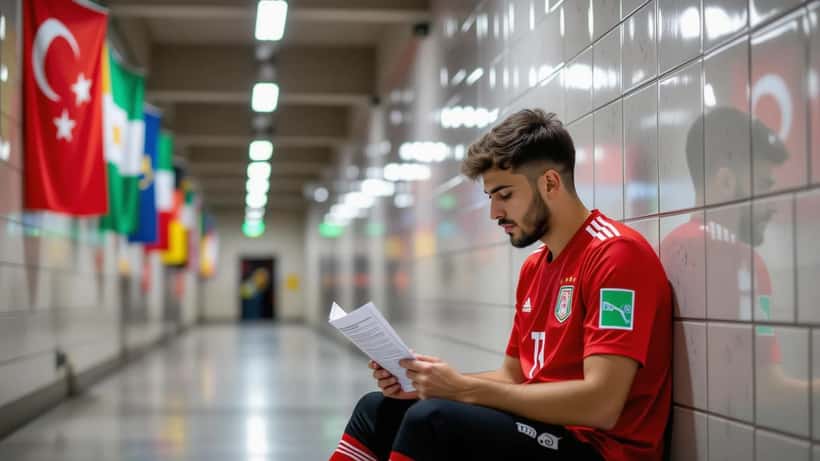 Calciatore in maglia rossa turca esamina un documento FIFA in un tunnel di stadio a Torino