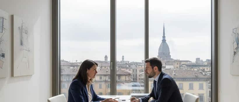 Avvocato penalista in consulenza con cliente a Torino, documenti legali sul tavolo