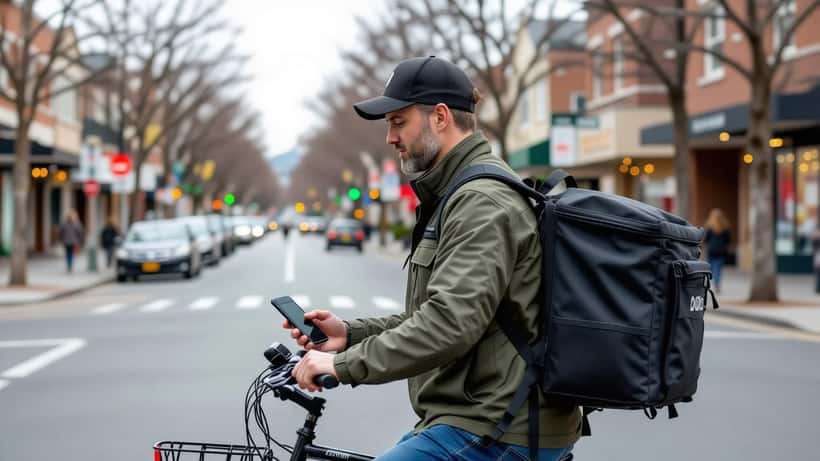 Food delivery rider on bicycle in suburban Melbourne checking gig economy app