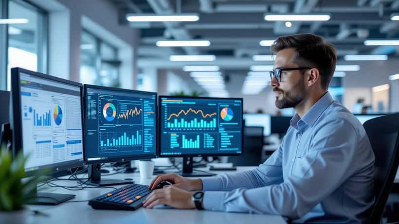 Especialista em TI analisando sistema de NF-e e conformidade fiscal digital em escritório em São Paulo