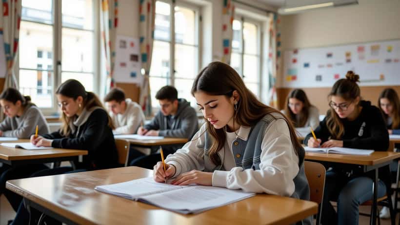 Élève de troisième concentré sur sa copie d'histoire-géographie dans une salle d'examen du brevet 2026 à Paris
