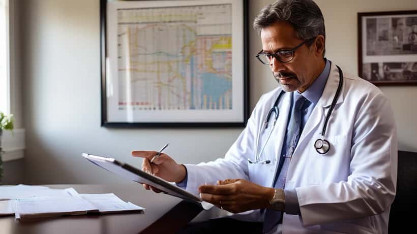 Médico hispano revisando resultados de diagnóstico de cáncer en tablet en consulta médica