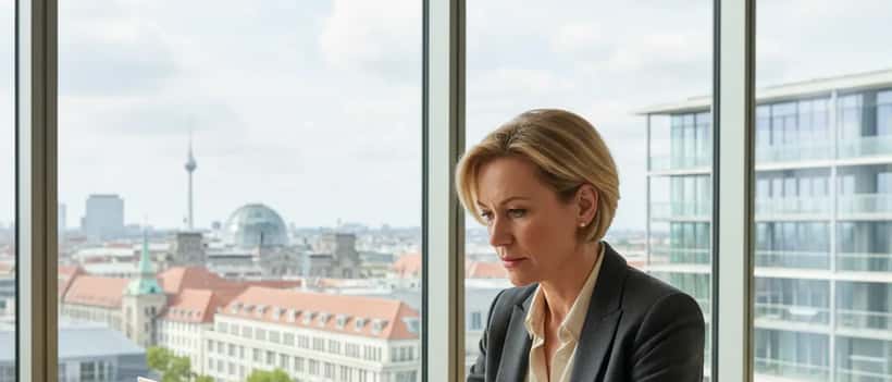 Frau prüft EU-Verbraucherschutzdokumente am Laptop in einem modernen Büro in Berlin