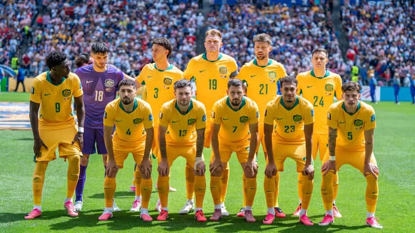 Australian Socceroos starting lineup on the pitch at the 2026 FIFA World Cup