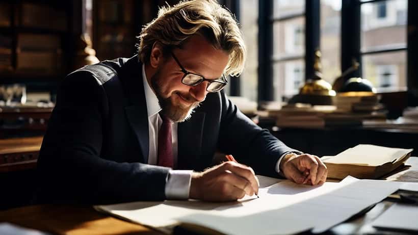 Nederlandse notaris bekijkt trouwcontract in Amsterdam met ring en juridische documenten op bureau