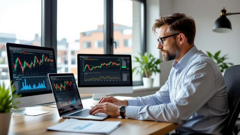 Business owner in Birmingham office reviewing time series forecast charts on laptop screen