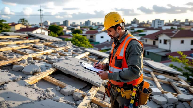 Inspetor verificando telhado danificado após vendaval em residência no interior paulista