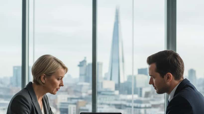 British woman reviewing investment strategy with wealth adviser in London office after Bank of England rate hold