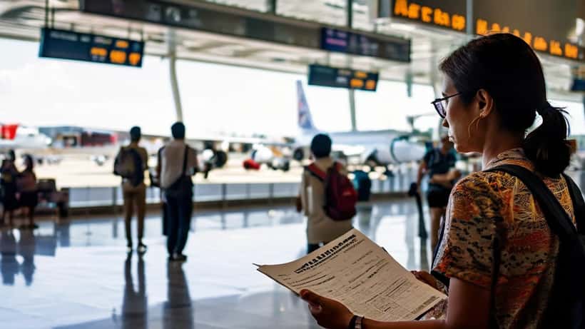 Frustrated passenger at Darwin airport looking at cancelled AirAsia departure board