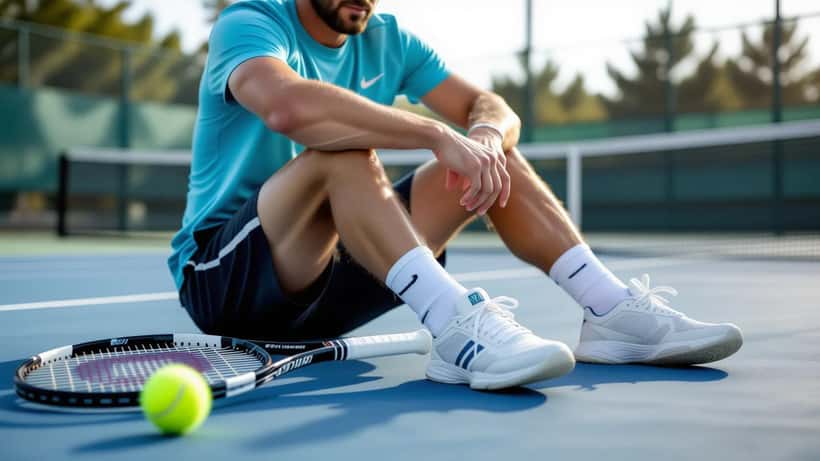 Recreational tennis player examining ankle after injury on hard court during Japan Open 2026 season
