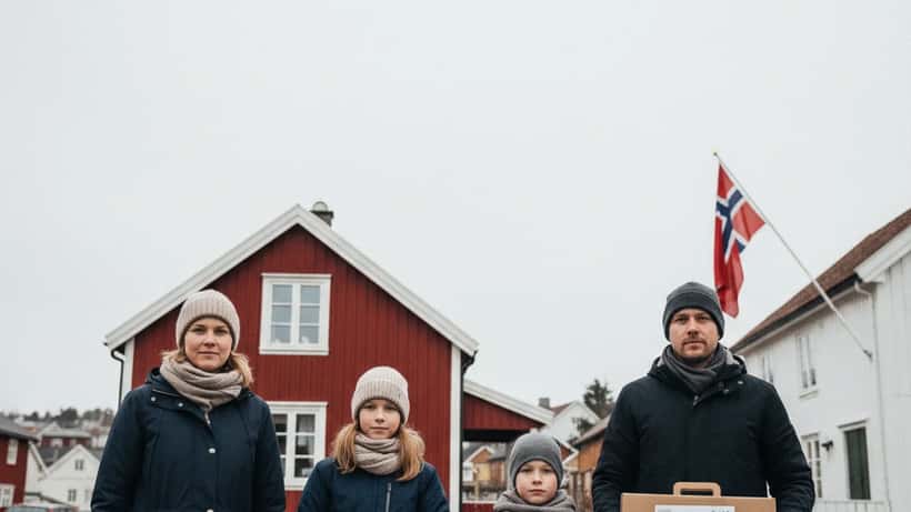 Norsk familie med beredskapsutstyr foran rødt hus i norsk bygd, april 2026