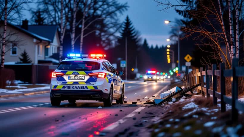 Poliisiauto sinivalojen kanssa yöllä Tuusulan lähiötiellä kiilaustilanteen jälkeen