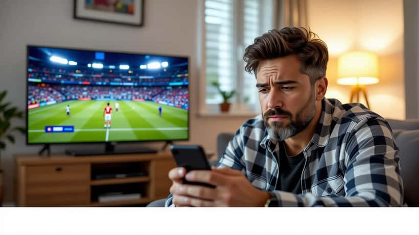 Frustrated man looking at smartphone showing streaming error, Liga MX match frozen on TV in background