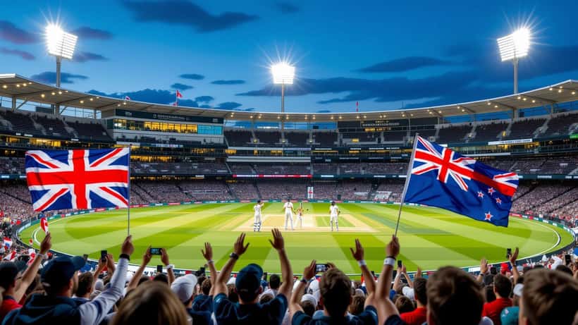 England and New Zealand cricket fans in a stadium during the 2026 rivalry series