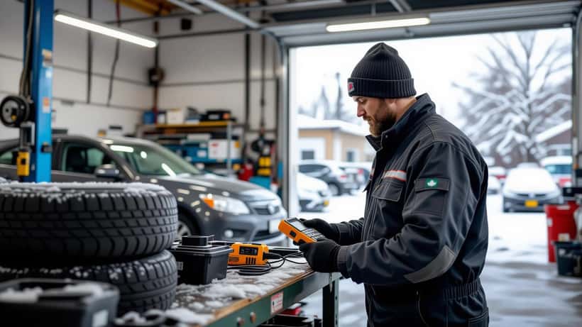 Mechanic testing a car battery with a multimeter beside winter tires in a Canadian repair shop