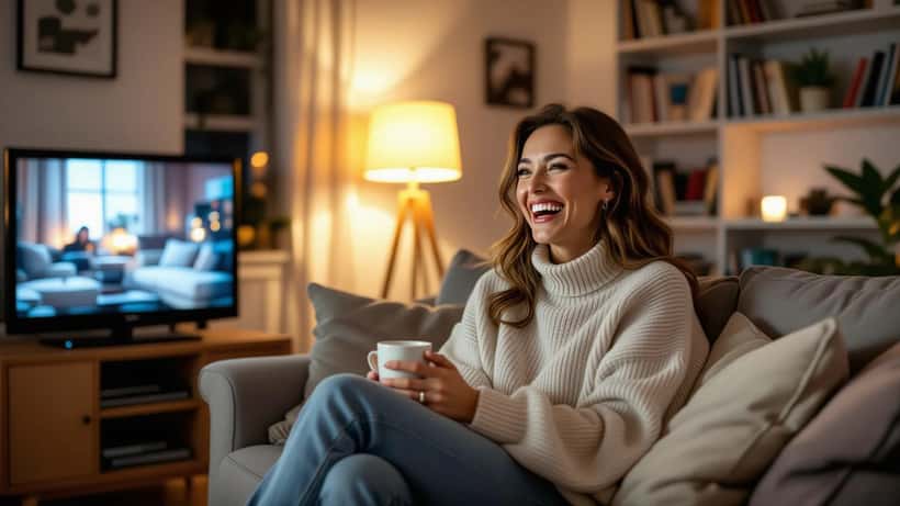Woman laughing while watching television comedy in a cozy Canadian apartment, warm evening lighting