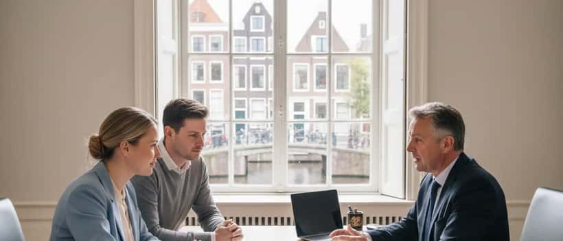 Nederlands koppel in gesprek met een notaris aan een bureau voor testament en huwelijkse voorwaarden