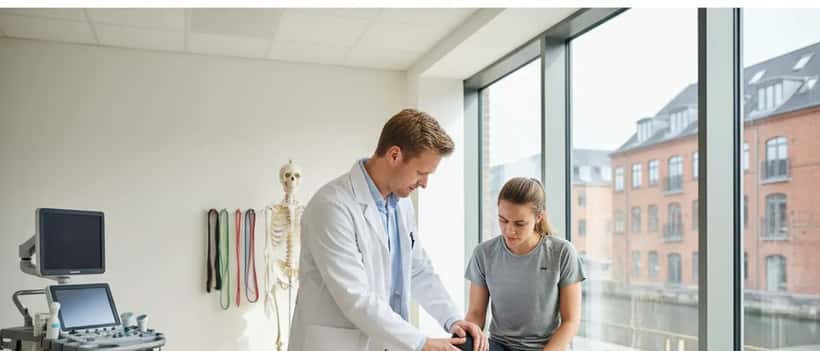 Dansk sportsmediciner undersøger løbers knæ på klinik i København 2026