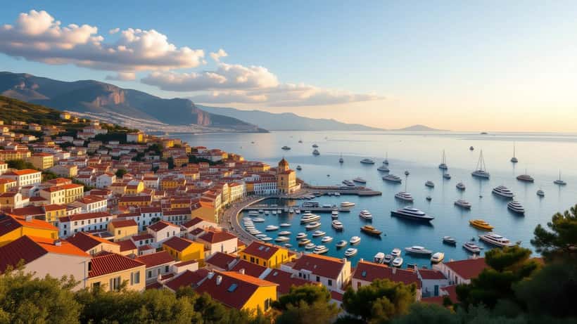 Vista aérea serena da costa da península da Crimeia ao entardecer, com o mar Negro ao fundo