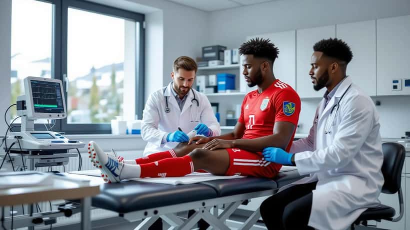 Sportmediziner untersucht das Knie eines jungen Profifußballers in einem modernen Physiotherapieraum eines Bundesligaklubs