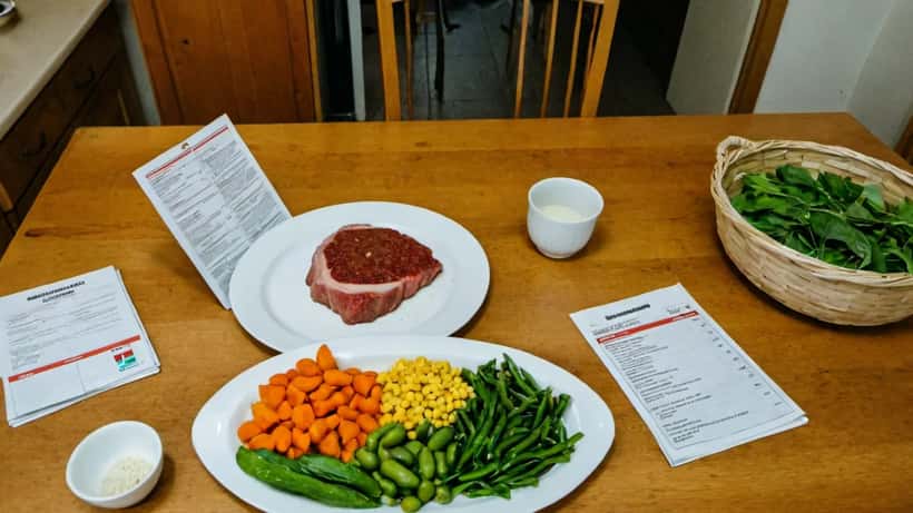 Assiette avec portion de viande rouge et légumes frais sur une table familiale suisse