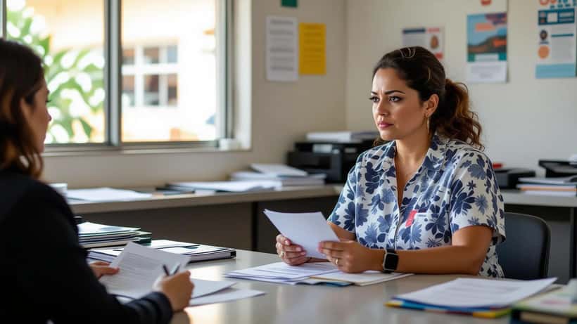Mulher brasileira em atendimento no CRAS com documentos do Bolsa Família