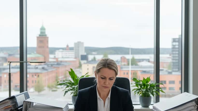 Suomalainen lakimies toimistossaan Tampereella käymässä läpi vahingonkorvausasiakirjoja