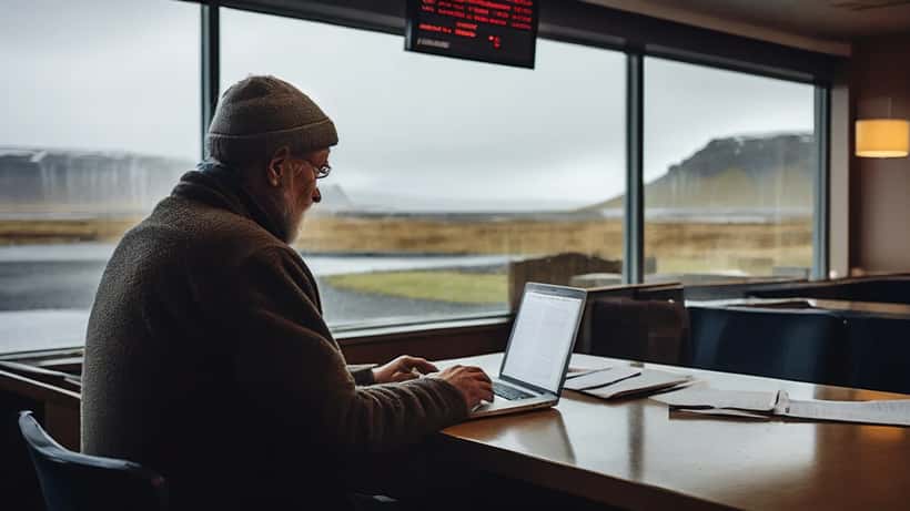 Hótelstjóri skoðar tómar bókanir á fartölvu