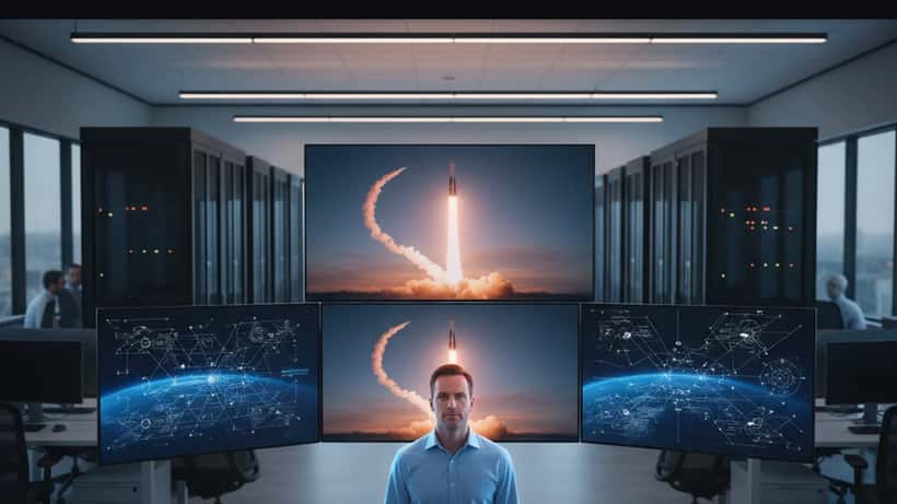 IT professional watching SpaceX Falcon 9 launch livestream on multiple monitors in a modern Austin office
