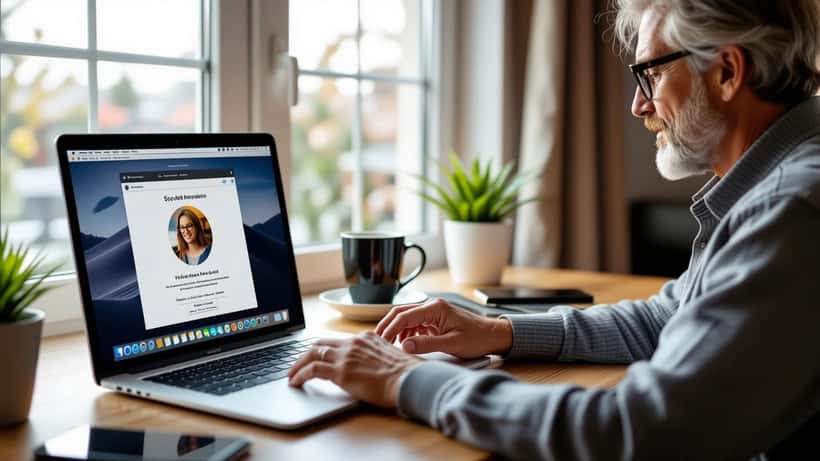 Person ordnet am Laptop digitale Konten und Passwörter für den digitalen Nachlass