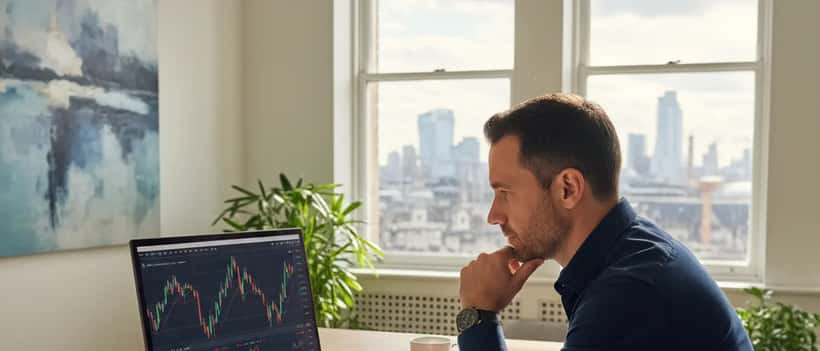 British professional reviewing cryptocurrency portfolio on laptop at home office desk with financial documents