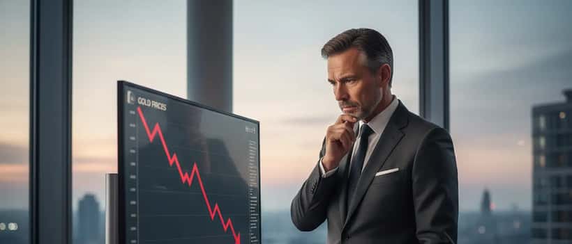 Vermögensberater analysiert fallende Goldpreiskurve am Bildschirm in modernem Büro
