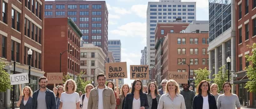 Peaceful protesters marching on a US city street holding signs during daytime demonstration