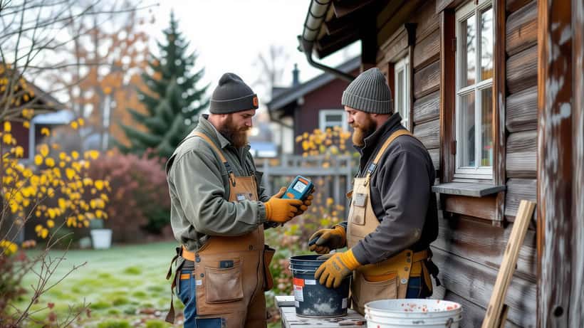 Hantverkare kontrollerar termometer på husvägg i oktober, frost på gräsmattan bakom