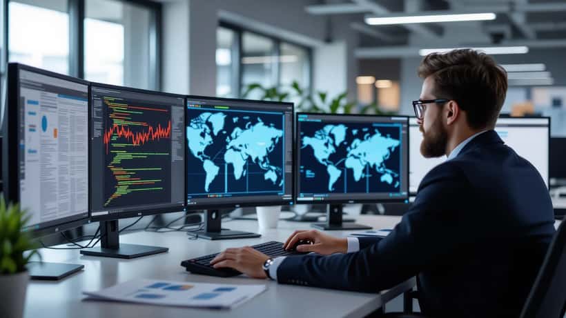 Data-privacy analyst reviewing database records and address-map software on office monitors