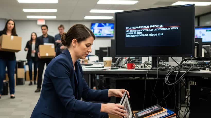 Journaliste emballant ses affaires dans un bureau de chaîne télévisée à Ottawa