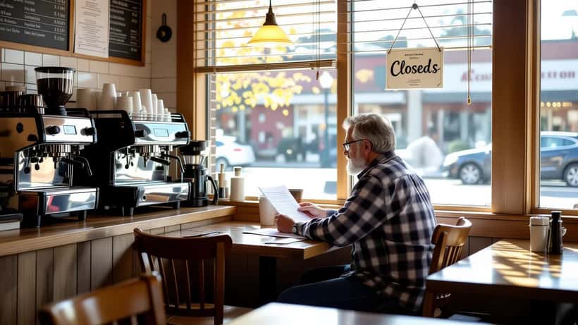 Empty Alberta café interior with closed sign and legal papers on counter beside espresso machine