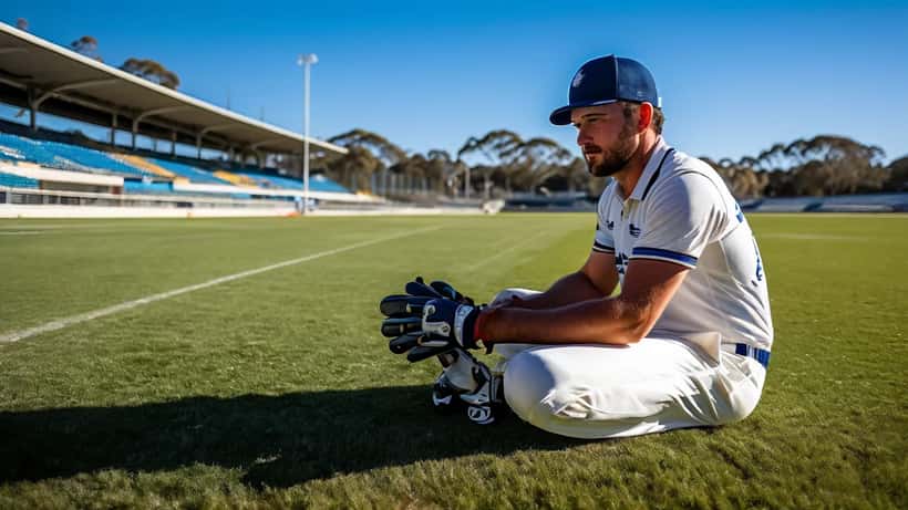 Cricket batsman in white Sheffield Shield kit examining his taped left thumb on an Australian cricket ground