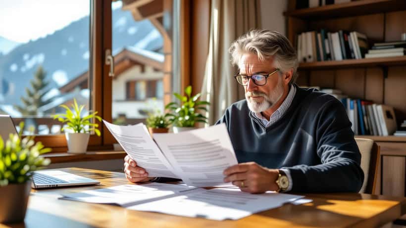 Retraité suisse consultant des documents de réforme AVS 2030 à son bureau