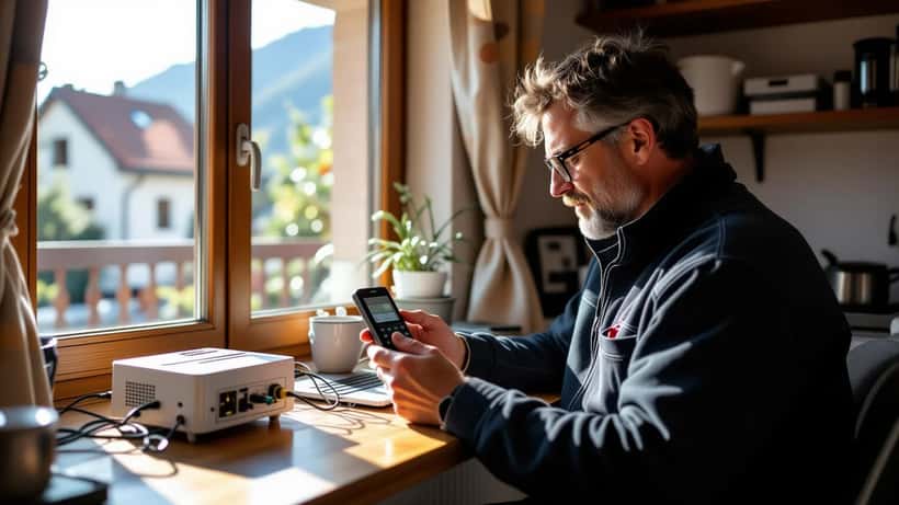 Technicien mesurant le signal 5G d'un routeur posé sur un rebord de fenêtre