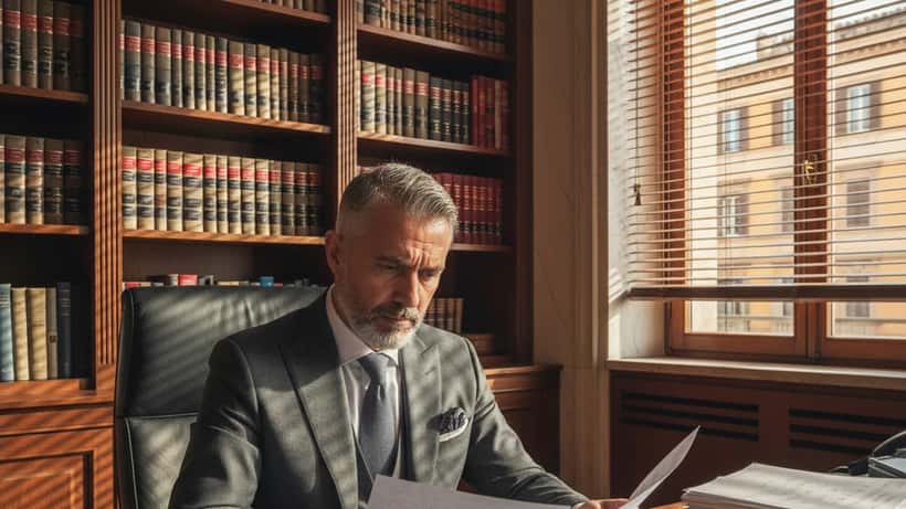 Avvocato italiano esamina documenti di un sinistro stradale in uno studio legale a Roma