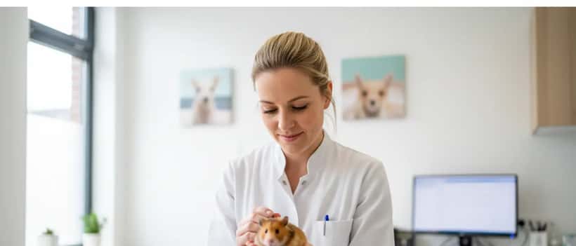 Dierenarts onderzoekt een klein knaagdier in een moderne veterinaire praktijk