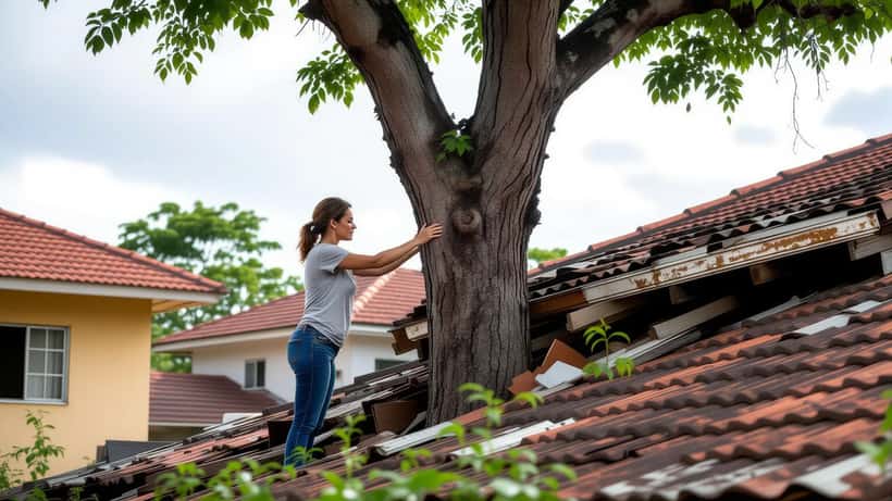 Mulher inspeciona telhado de telha danificado por árvore caída após tempestade no Brasil