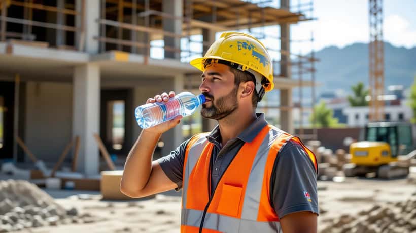 Ouvrier du BTP s'hydratant sur un chantier en pleine canicule en France, été 2026