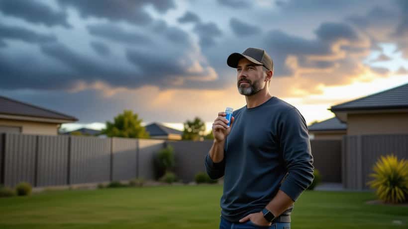 Man reaching for inhaler in suburban backyard as dark storm clouds approach Melbourne