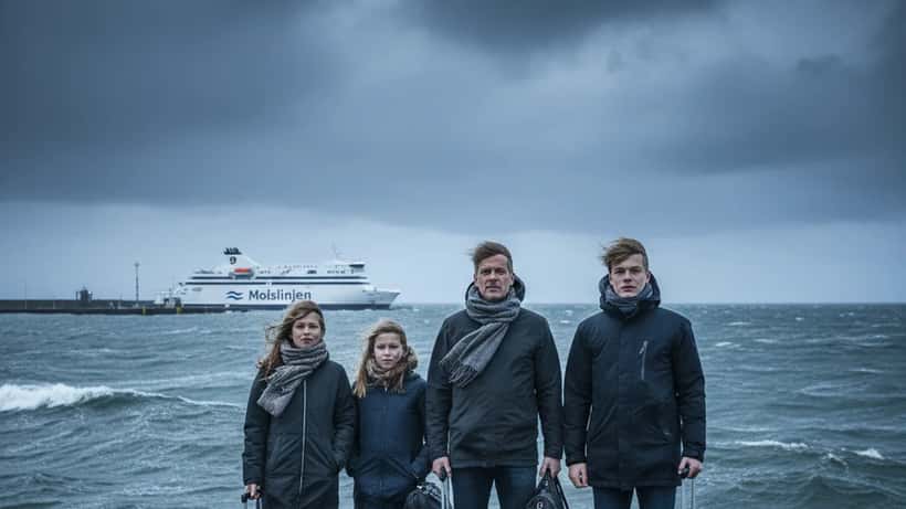 Dansk familie ved Odden havn med bagage og tøjrede Molslinjen-færge i baggrunden under stormfulde påskeforhold