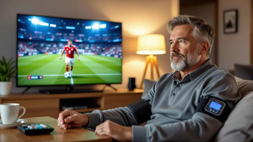 Svensk man ser fotboll på TV med blodtrycksmätare på soffbordet
